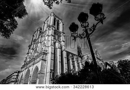 Notre Dame In Paris France. Notre Dame Cathedral Black And White Photography