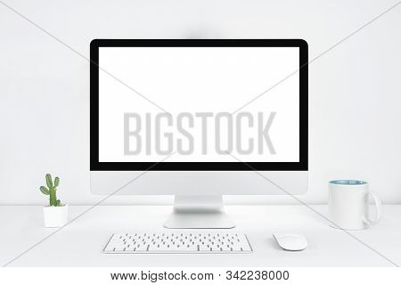 Computer With Blank White Copy Space For Text, Mockup Design Desktop Computer In Office On White Tab