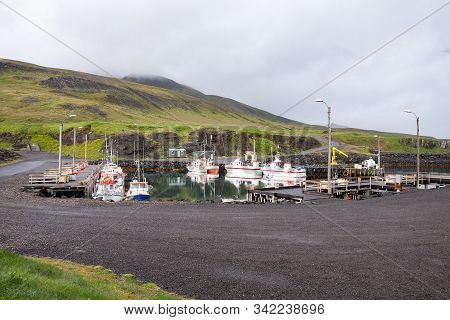 Puffin Marina, Iceland - July 3, 2014: The Harbour At Puffin Marina With Small Boats At Northeast Of