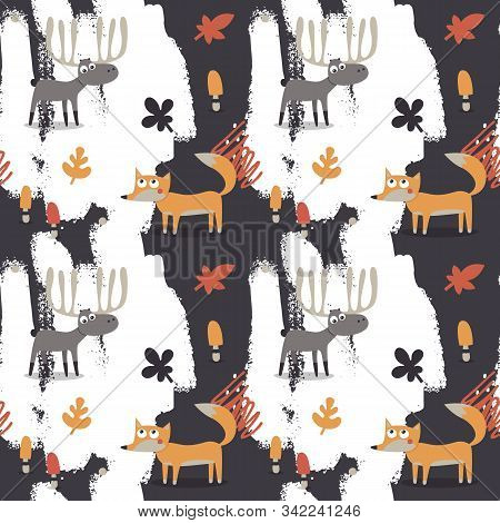 Seamless Cute Animal Autumn Pattern Fox, Deer, Moose