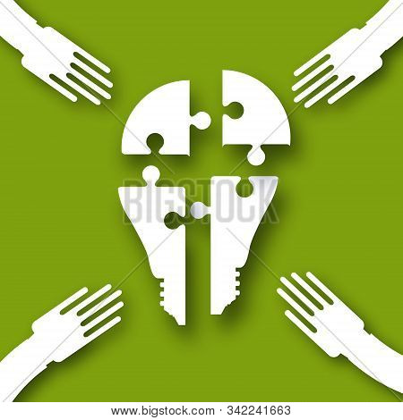 Electric Bulb. Puzzles In The Form Of A Light Bulb. Concept Of Big Idea. People Hand Holding Shaes. 