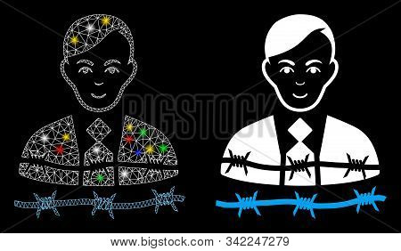 Glossy Mesh Businessman Arrest Icon With Glow Effect. Abstract Illuminated Model Of Businessman Arre