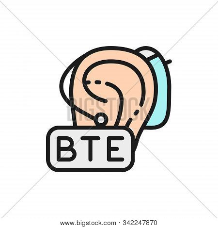 Behind The Ear Hearing Aid, Bte Flat Color Line Icon.