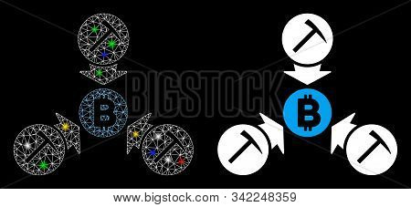 Flare Mesh Bitcoin Mining Pool Icon With Sparkle Effect. Abstract Illuminated Model Of Bitcoin Minin