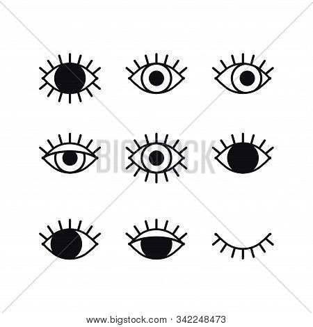 Open And Closed Eyes Line Icons Set On White Background. Look, See, Sight, View Sign And Symbol. Vec
