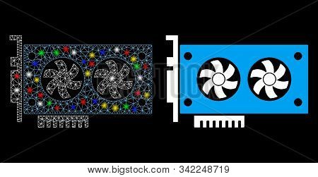 Flare Mesh Dual Gpu Videocard Icon With Glow Effect. Abstract Illuminated Model Of Dual Gpu Videocar