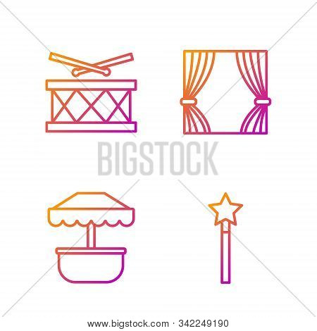 Set Line Magic Wand, Attraction Carousel, Drum With Drum Sticks And Curtain. Gradient Color Icons. V
