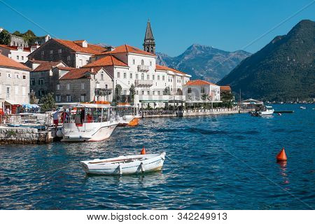 Perast Montenegro 13 Septemeber, 2019: Beautiful Town Perast In Montenegro Europe. Amazing Mediterra