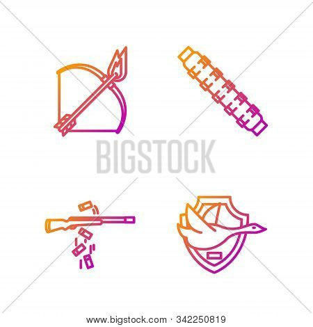 Set Line Flying Duck On Shield, Gun Shooting, Bow And Fire Arrow And Hunting Cartridge Belt With Car