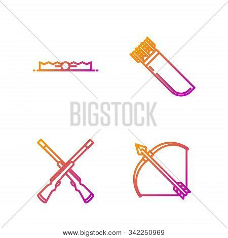Set Line Bow And Arrow In Quiver, Two Crossed Shotguns, Trap Hunting And Quiver With Arrows. Gradien