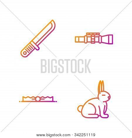 Set Line Rabbit, Trap Hunting, Hunter Knife And Sniper Optical Sight. Gradient Color Icons. Vector