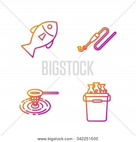 Set Line Fishing Bucket With Fishes, Fishing Net In Water, Fish And Fishing Line With Hook And Float