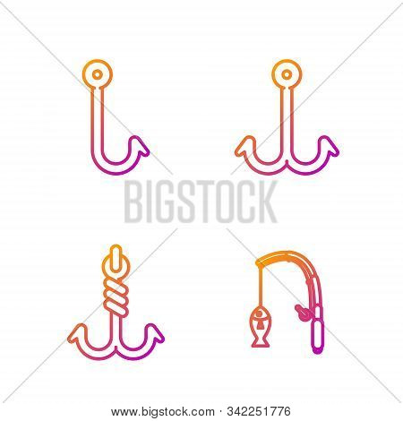 Set Line Fishing Rod And Fish, Fishing Hook, Fishing Hook And Fishing Hook. Gradient Color Icons. Ve