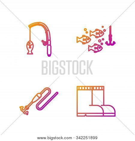 Set Line Fishing Boots, Fishing Line With Hook And Float, Fishing Rod And Fish And Fishing Hook Unde