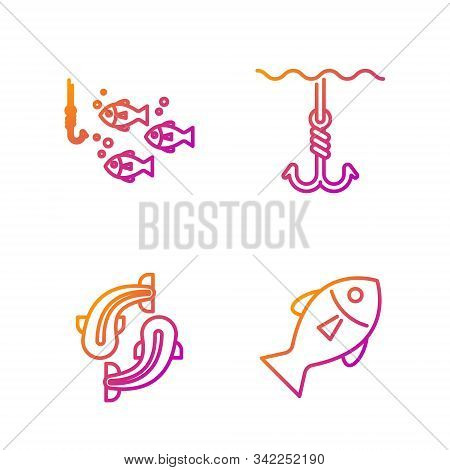 Set Line Fish, Fish, Fishing Hook Under Water With Fish And Fishing Hook Under Water. Gradient Color