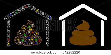 Glossy Mesh Shit Storage Hangar Icon With Sparkle Effect. Abstract Illuminated Model Of Shit Storage