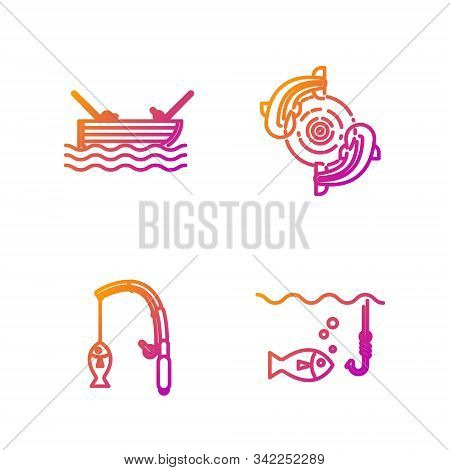 Set Line Fishing Hook Under Water With Fish, Fishing Rod And Fish, Fishing Boat With Fishing Rod On 