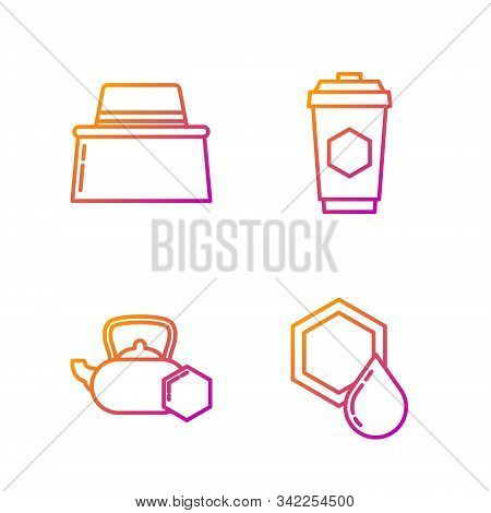 Set Line Honeycomb, Tea Kettle With Honey, Beekeeper With Protect Hat And Cup Of Tea With Honey. Gra