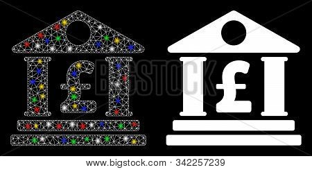 Bright Mesh Pound Bank Building Icon With Sparkle Effect. Abstract Illuminated Model Of Pound Bank B