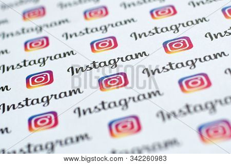 Instagram Pattern Printed On Paper With Small Instagram Logos And Inscriptions. Instagram Is America