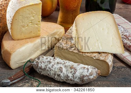 Cheeses And Tomme De Savoie, French Cheese Savoy,a French Alps France.