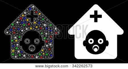 Flare Mesh Prenatal Hospital Icon With Glow Effect. Abstract Illuminated Model Of Prenatal Hospital.