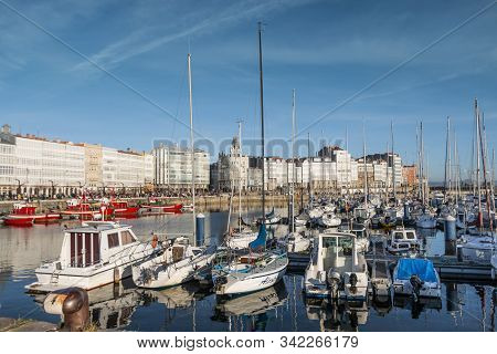 A Coruna, Spain. Dec 2012: Darsena De La Marina Sports Ships Waterfront View On A Sunny Winter Day