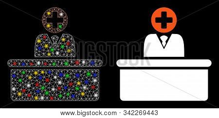 Bright Mesh Medical Bureaucrat Icon With Glow Effect. Abstract Illuminated Model Of Medical Bureaucr