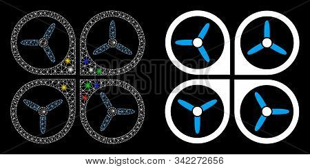 Flare Mesh Quadrotor Icon With Glare Effect. Abstract Illuminated Model Of Quadrotor. Shiny Wire Car
