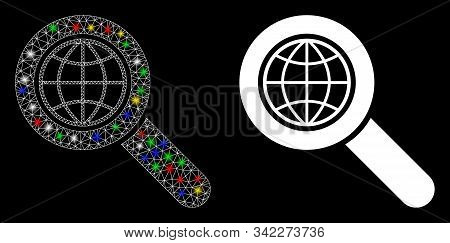 Glossy Mesh Global Search Icon With Glare Effect. Abstract Illuminated Model Of Global Search. Shiny