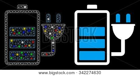 Glossy Mesh Charge Battery Icon With Sparkle Effect. Abstract Illuminated Model Of Charge Battery. S