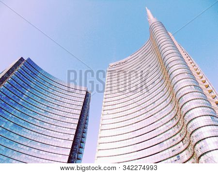 Milan, Italy - 12/22/2019: An Amazing Caption To The City Of Milan In Winter Days . Large Panoramic 