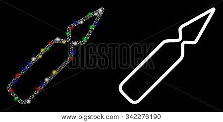 Flare Mesh Ampoule Icon With Glare Effect. Abstract Illuminated Model Of Ampoule. Shiny Wire Carcass
