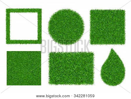 Green Grass Background 3d Set Isolated. Lawn Greenery Nature Ball, Square Frame. Abstract Field Text