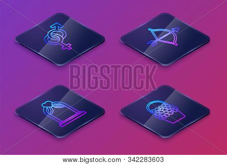 Set Isometric Line Gender, Wedding Arch, Bow And Arrow And Flowers In A Basket. Blue Square Button. 
