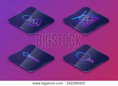 Set Isometric Line Joystick For Arcade Machine, Magic Wand, Drum With Drum Sticks And Cotton Candy. 