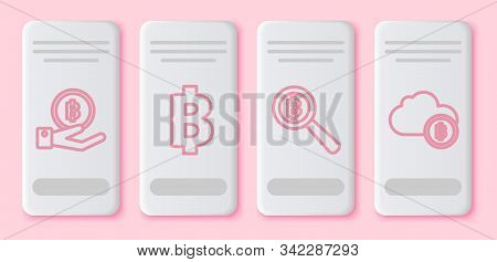 Set Line Hand Holding Bitcoin, Cryptocurrency Coin Bitcoin, Magnifying Glass With Bitcoin And Crypto
