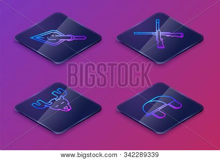 Set Isometric Line Hipster Arrow Tip, Moose Head With Horns, Two Crossed Shotguns And Hunter Hat. Bl