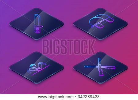Set Isometric Line Hunter Knife, Trap Hunting, Hunter Hat And Two Crossed Shotguns. Blue Square Butt