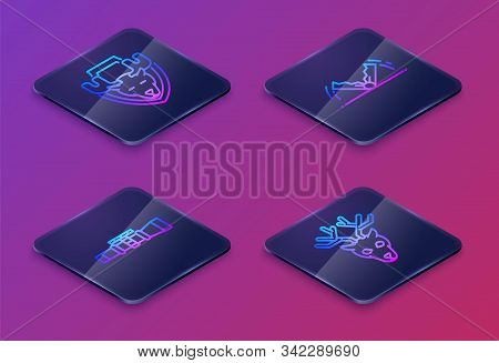 Set Isometric Line Moose Head On Shield, Sniper Optical Sight, Trap Hunting And Deer Head With Antle