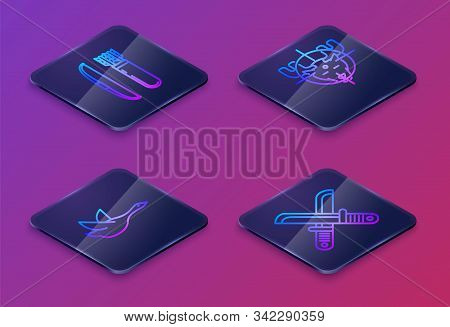 Set Isometric Line Bow And Arrow In Quiver, Flying Duck, Hunt On Moose With Crosshairs And Crossed H
