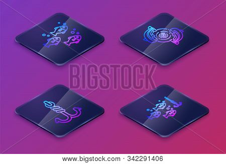 Set Isometric Line Fish, Fishing Hook, Fish And Fishing Hook Under Water With Fish. Blue Square Butt