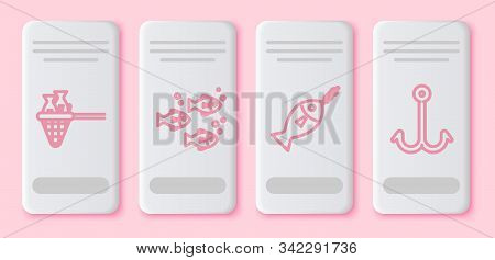 Set Line Fishing Net With Fish, Fish, Fish On Hook And Fishing Hook. White Rectangle Button. Vector