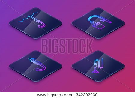 Set Isometric Line Fishing Hook Under Water, Fishing Hook, Fishing Rod And Fish And Fishing Line Wit