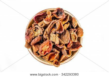 Heap Of Sun Dried Apricot Slices Isolated On White Background. Top View