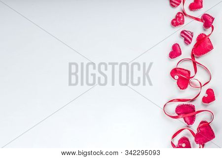 Valentines Day Background With Handmade Red Textile Hearts,red Ribbon And Roses. White Background  F