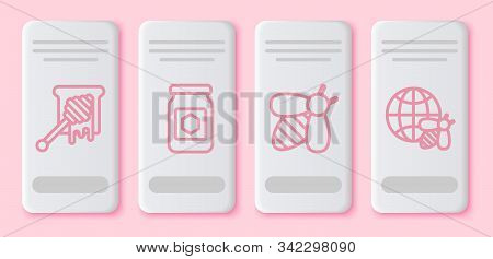 Set Line Honey Dipper Stick With Dripping Honey, Jar Of Honey, Bee And Honeycomb Map Of The World An