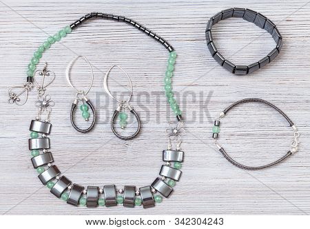 Needlecraft Background - Handcrafted Necklace And Earrings From Green Jade, Black Hematite And Silve
