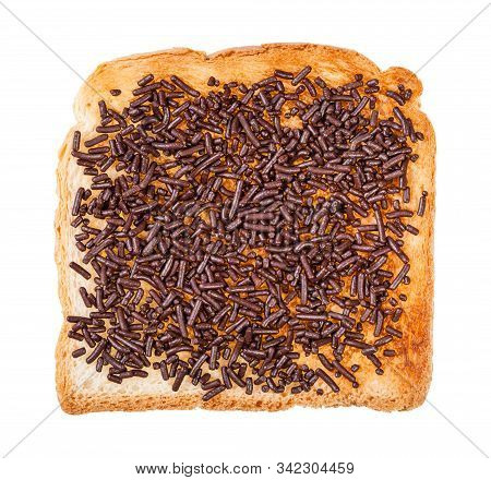 Top View Of Dutch Sweet Open Sandwich With Toast And Hagelslag (topping From Chocolate Sprinkles) Is
