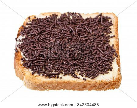 Dutch Sweet Toast With Butter And Hagelslag (topping From Chocolate Sprinkles) Isolated On White Bac